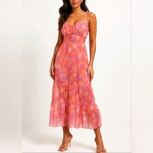 Ramy Brook Aya Midi Dress Guava Burnout Sheer Inset Perfect For Prom Siz…